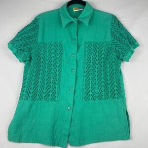 Sea Suns Emerald Green Crochet Panel Short Sleeve Button Down Shirt Made in USA